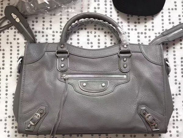 Balenciaga Metallic Edge City Bag in Grey Shiny Grained Goatskin with Silver Metal For Sale