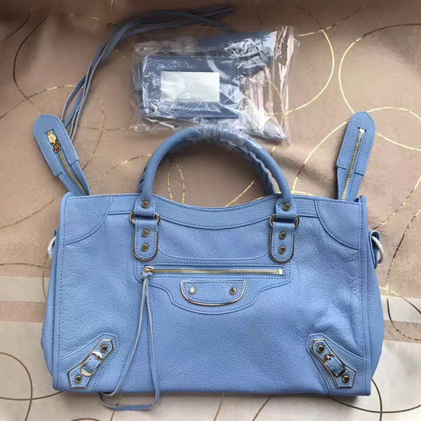 Balenciaga Metallic Edge City Bag in Light Blue Shiny Grained Goatskin with Silver Metal For Sale