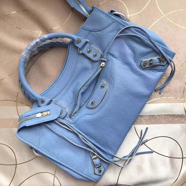 Balenciaga Metallic Edge City Bag in Light Blue Shiny Grained Goatskin with Silver Metal For Sale