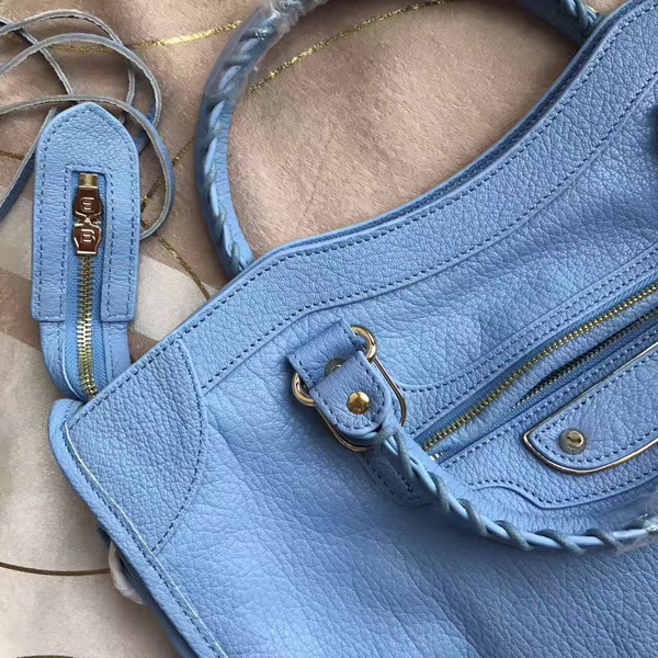 Balenciaga Metallic Edge City Bag in Light Blue Shiny Grained Goatskin with Silver Metal For Sale