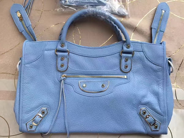 Balenciaga Metallic Edge City Bag in Light Blue Shiny Grained Goatskin with Silver Metal For Sale