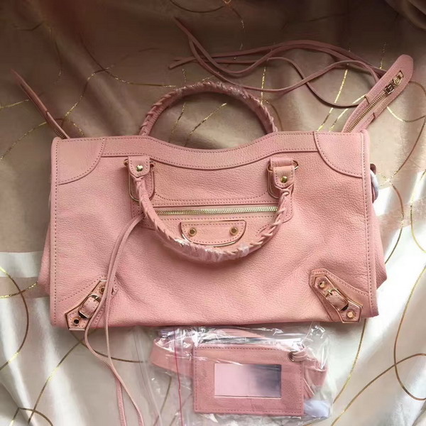 Balenciaga Metallic Edge City Bag in Light Pink Shiny Grained Goatskin with Gold Metal For Sale