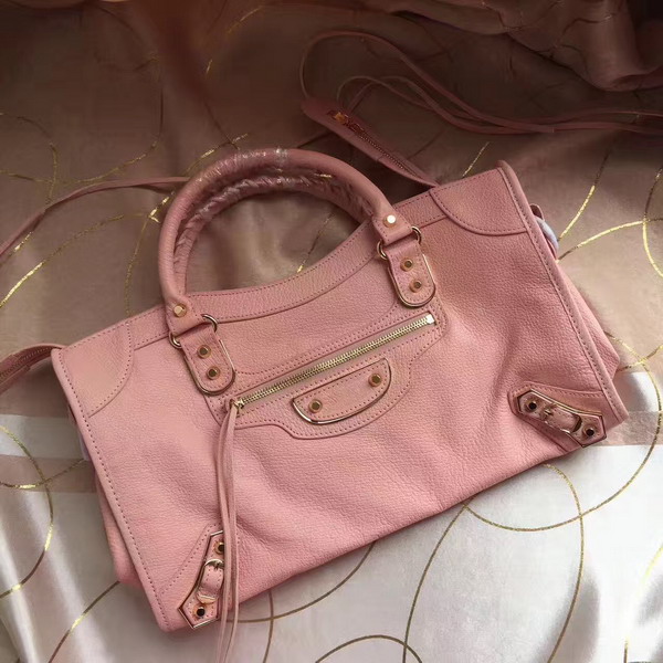 Balenciaga Metallic Edge City Bag in Light Pink Shiny Grained Goatskin with Gold Metal For Sale