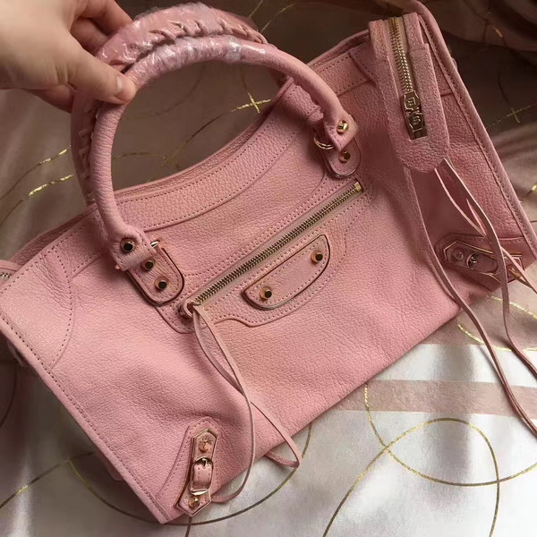 Balenciaga Metallic Edge City Bag in Light Pink Shiny Grained Goatskin with Gold Metal For Sale