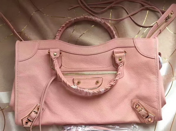 Balenciaga Metallic Edge City Bag in Light Pink Shiny Grained Goatskin with Gold Metal For Sale