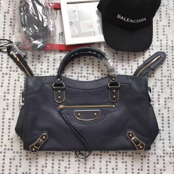 Balenciaga Metallic Edge City Bag in Midnight Blue Shiny Grained Goatskin with Gold Metal For Sale