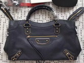 Balenciaga Metallic Edge City Bag in Midnight Blue Shiny Grained Goatskin with Gold Metal For Sale