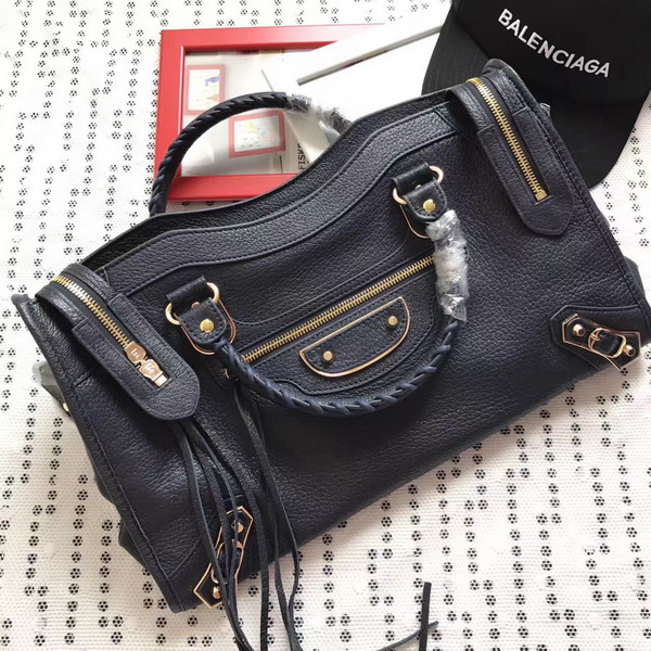 Balenciaga Metallic Edge City Bag in Midnight Blue Shiny Grained Goatskin with Gold Metal For Sale