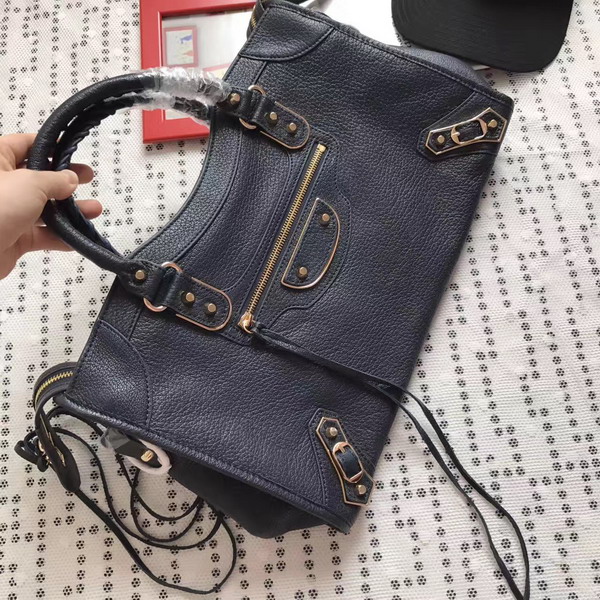 Balenciaga Metallic Edge City Bag in Midnight Blue Shiny Grained Goatskin with Gold Metal For Sale