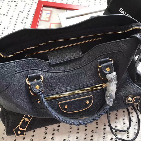 Balenciaga Metallic Edge City Bag in Midnight Blue Shiny Grained Goatskin with Gold Metal For Sale