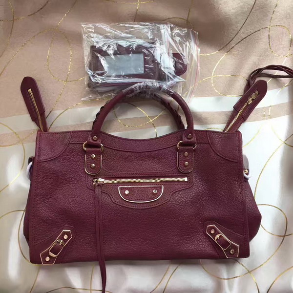 Balenciaga Metallic Edge City Bag in Oxblood Shiny Grained Goatskin with Gold Metal For Sale