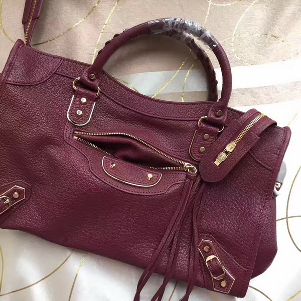 Balenciaga Metallic Edge City Bag in Oxblood Shiny Grained Goatskin with Gold Metal For Sale