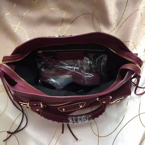 Balenciaga Metallic Edge City Bag in Oxblood Shiny Grained Goatskin with Gold Metal For Sale