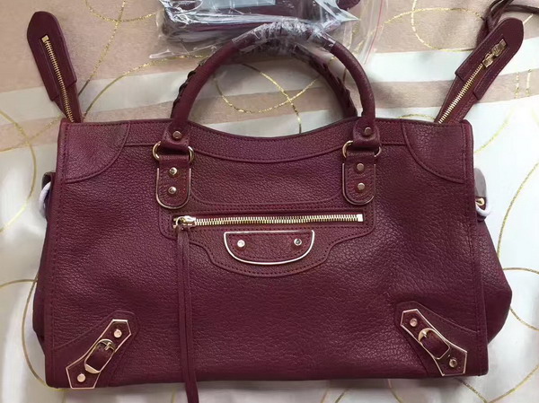 Balenciaga Metallic Edge City Bag in Oxblood Shiny Grained Goatskin with Gold Metal For Sale