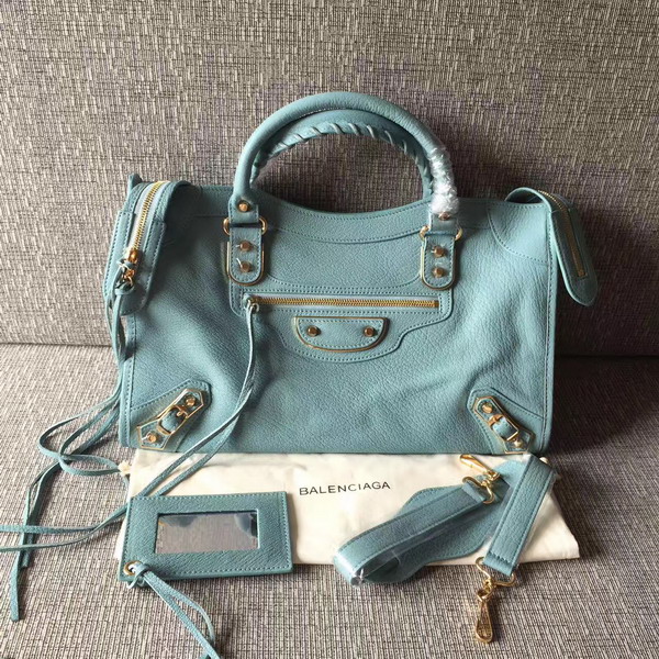 Balenciaga Metallic Edge City Bag in Sky Blue Shiny Grained Goatskin with Gold Metal For Sale