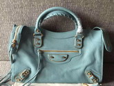 Balenciaga Metallic Edge City Bag in Sky Blue Shiny Grained Goatskin with Gold Metal For Sale