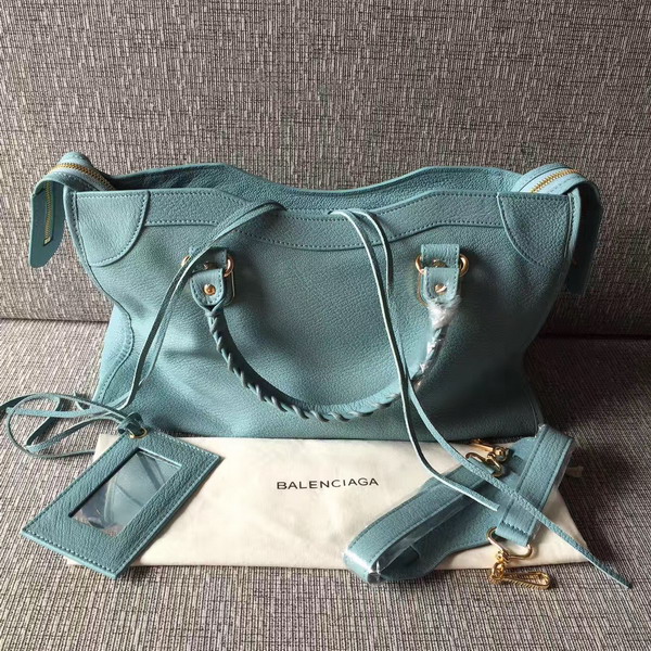 Balenciaga Metallic Edge City Bag in Sky Blue Shiny Grained Goatskin with Gold Metal For Sale