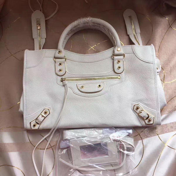 Balenciaga Metallic Edge City Bag in White Shiny Grained Goatskin with Gold Metal For Sale