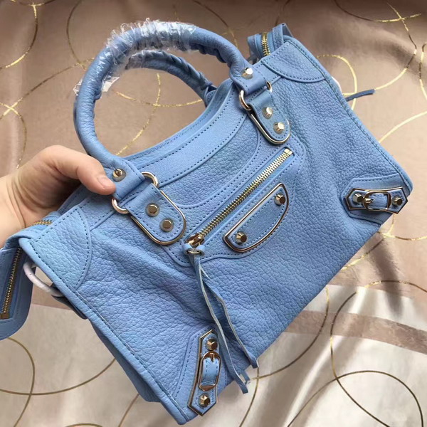 Balenciaga Metallic Edge City S in Light Blue Shiny Grained Goatskin with Silver Metal For Sale