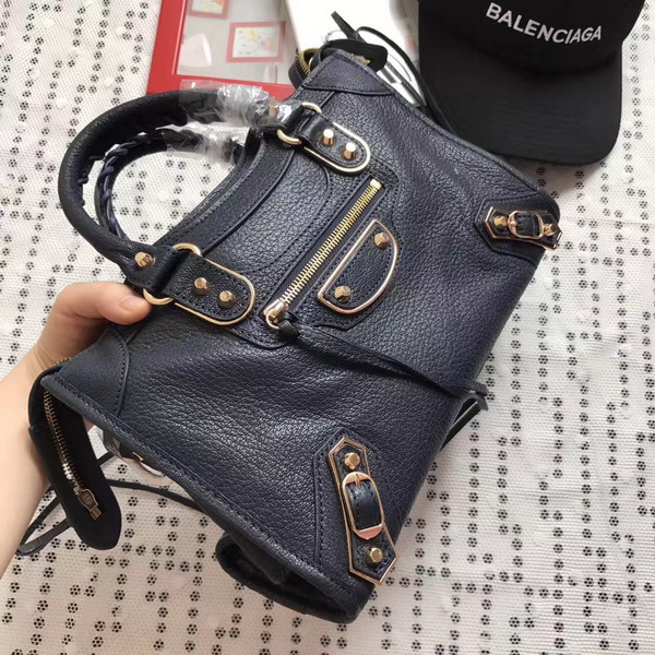 Balenciaga Metallic Edge City S in Midnight Blue Shiny Grained Goatskin with Gold Metal For Sale