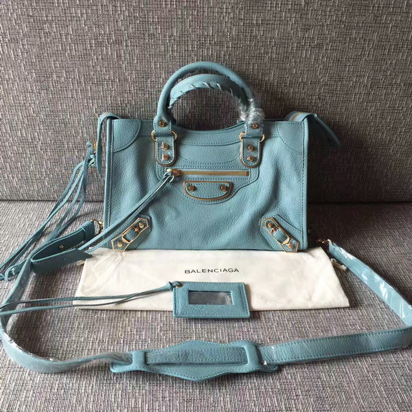 Balenciaga Metallic Edge City S in Sky Blue Shiny Grained Goatskin with Gold Metal For Sale