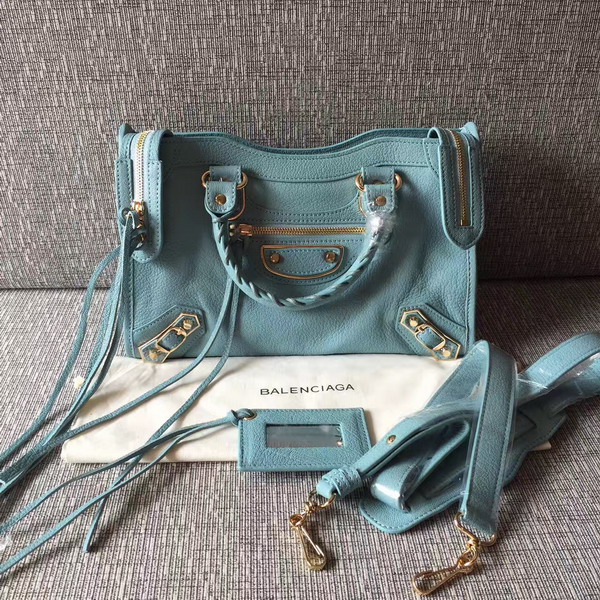 Balenciaga Metallic Edge City S in Sky Blue Shiny Grained Goatskin with Gold Metal For Sale