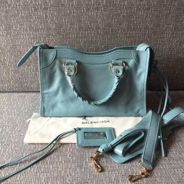 Balenciaga Metallic Edge City S in Sky Blue Shiny Grained Goatskin with Gold Metal For Sale