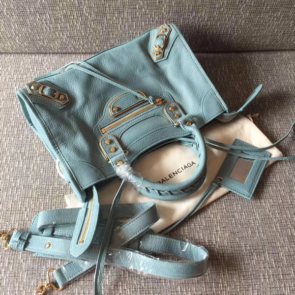 Balenciaga Metallic Edge City S in Sky Blue Shiny Grained Goatskin with Gold Metal For Sale