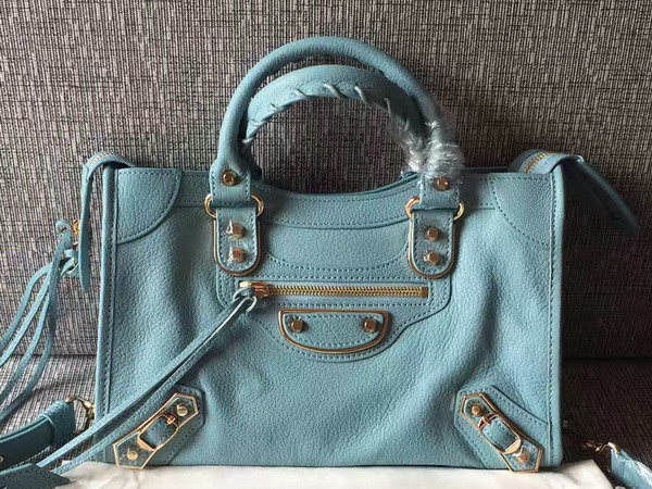 Balenciaga Metallic Edge City S in Sky Blue Shiny Grained Goatskin with Gold Metal For Sale