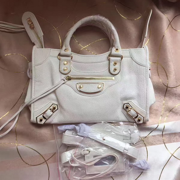 Balenciaga Metallic Edge City S in White Shiny Grained Goatskin with Gold Metal For Sale