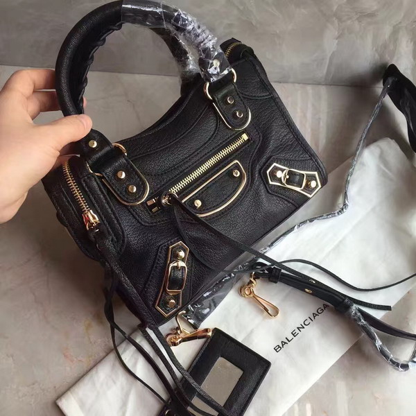 Balenciaga Metallic Edge Mini City Bag in Black Shiny Grained Goatskin with Gold Metal For Sale