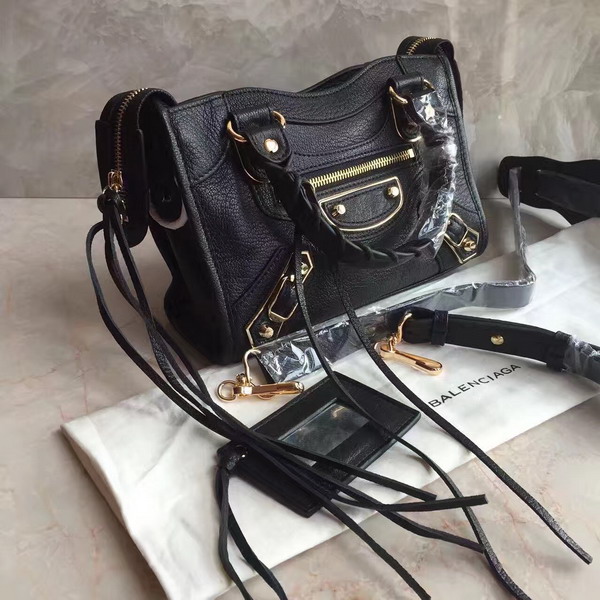 Balenciaga Metallic Edge Mini City Bag in Black Shiny Grained Goatskin with Gold Metal For Sale