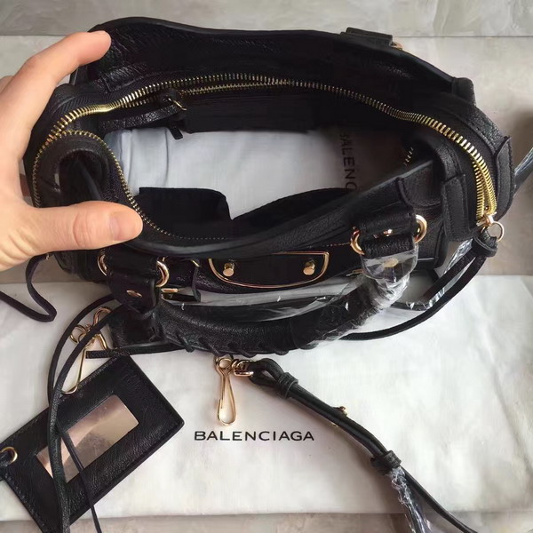 Balenciaga Metallic Edge Mini City Bag in Black Shiny Grained Goatskin with Gold Metal For Sale