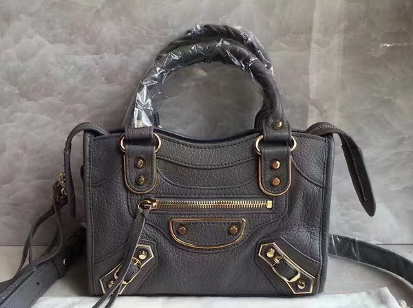 Balenciaga Metallic Edge Mini City Bag in Dark Grey Shiny Grained Goatskin with Gold Metal For Sale