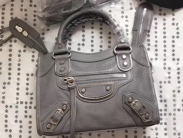 Balenciaga Metallic Edge Mini City Bag in Grey Shiny Grained Goatskin with Gold Metal For Sale