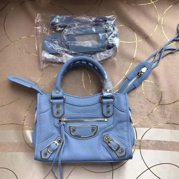 Balenciaga Metallic Edge Mini City Bag in Light Blue Shiny Grained Goatskin with Silver Metal For Sale