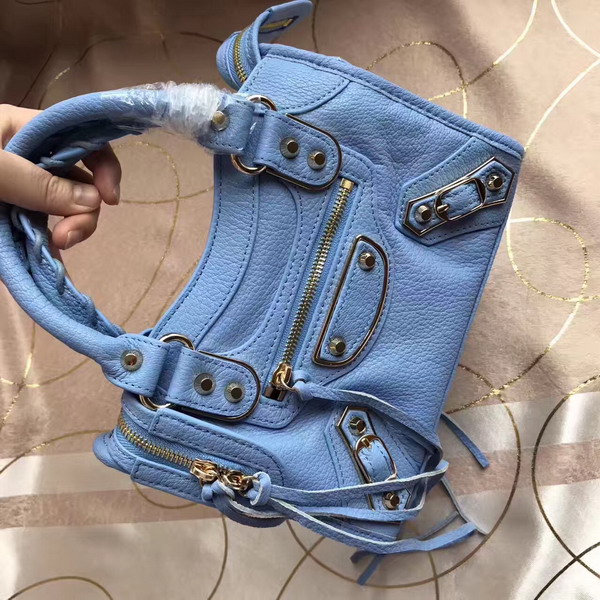 Balenciaga Metallic Edge Mini City Bag in Light Blue Shiny Grained Goatskin with Silver Metal For Sale