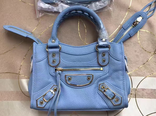 Balenciaga Metallic Edge Mini City Bag in Light Blue Shiny Grained Goatskin with Silver Metal For Sale