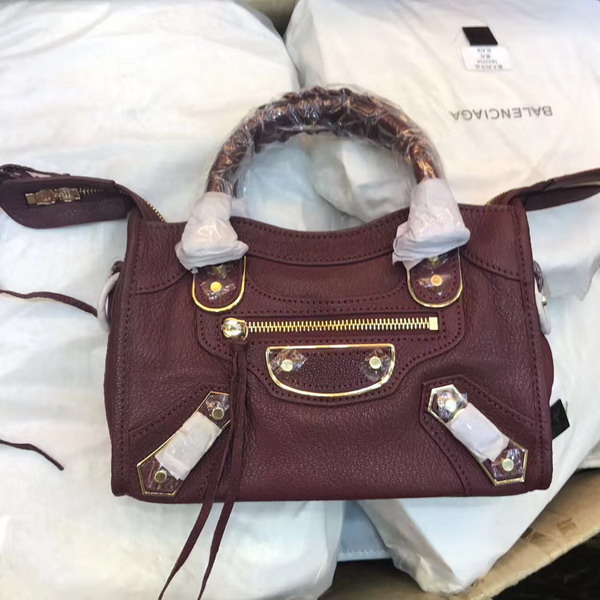 Balenciaga Metallic Edge Mini City Bag in Oxblood Shiny Grained Goatskin with Gold Metal For Sale