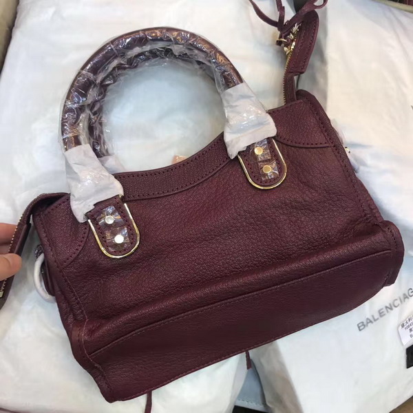 Balenciaga Metallic Edge Mini City Bag in Oxblood Shiny Grained Goatskin with Gold Metal For Sale