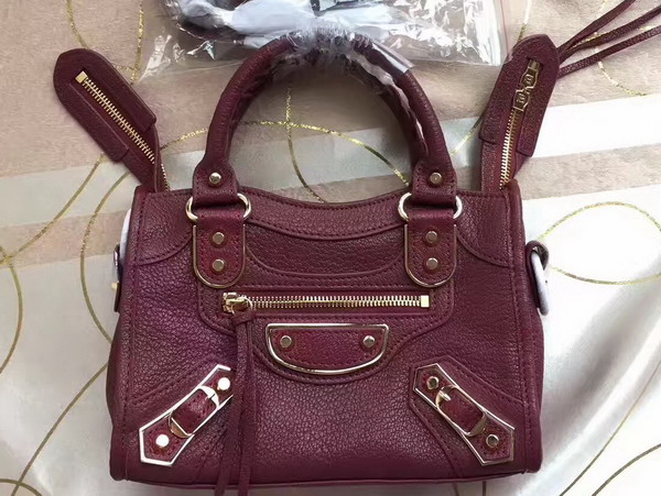 Balenciaga Metallic Edge Mini City Bag in Oxblood Shiny Grained Goatskin with Gold Metal For Sale