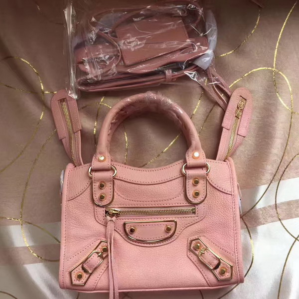 Balenciaga Metallic Edge Mini City Bag in Pink Shiny Grained Goatskin with Gold Metal For Sale