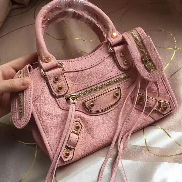 Balenciaga Metallic Edge Mini City Bag in Pink Shiny Grained Goatskin with Gold Metal For Sale