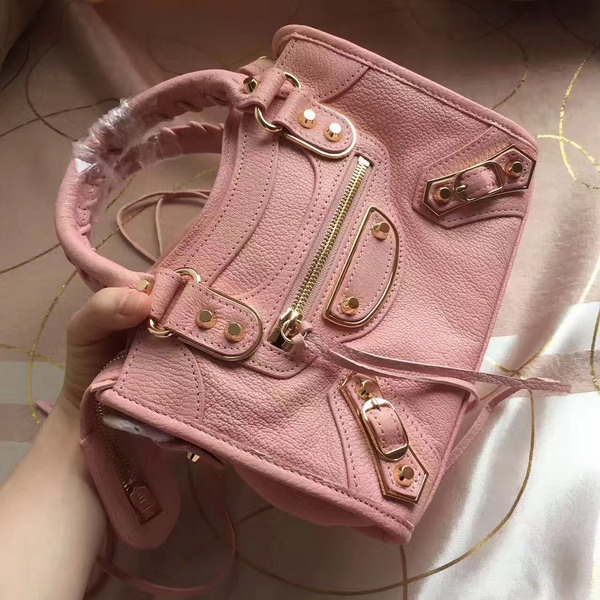 Balenciaga Metallic Edge Mini City Bag in Pink Shiny Grained Goatskin with Gold Metal For Sale