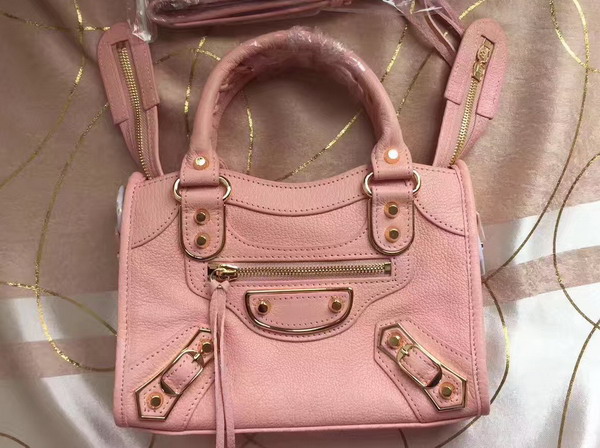 Balenciaga Metallic Edge Mini City Bag in Pink Shiny Grained Goatskin with Gold Metal For Sale