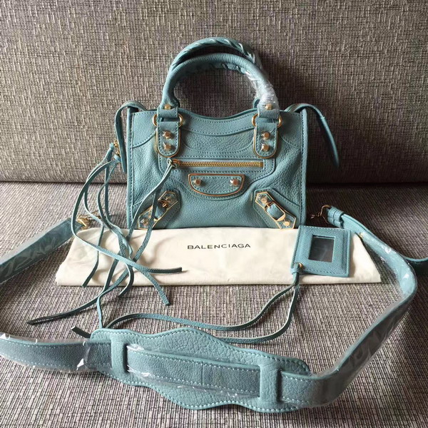 Balenciaga Metallic Edge Mini City Bag in Sky Blue Shiny Grained Goatskin with Gold Metal For Sale