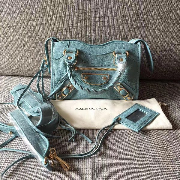 Balenciaga Metallic Edge Mini City Bag in Sky Blue Shiny Grained Goatskin with Gold Metal For Sale