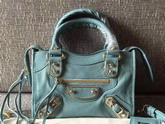 Balenciaga Metallic Edge Mini City Bag in Sky Blue Shiny Grained Goatskin with Gold Metal For Sale