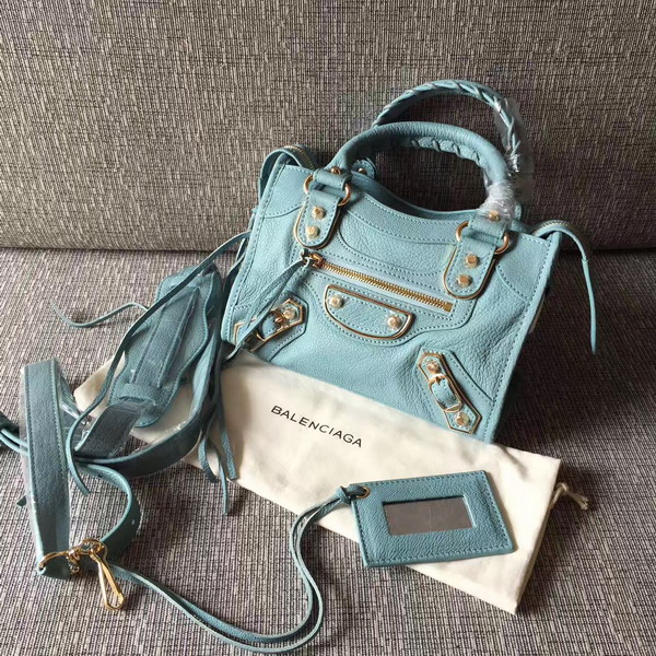 Balenciaga Metallic Edge Mini City Bag in Sky Blue Shiny Grained Goatskin with Gold Metal For Sale