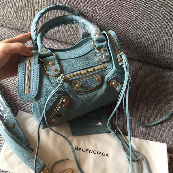 Balenciaga Metallic Edge Mini City Bag in Sky Blue Shiny Grained Goatskin with Gold Metal For Sale